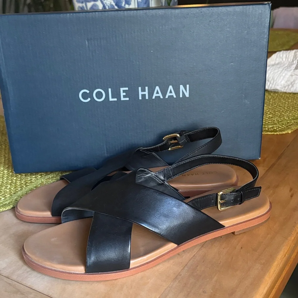 Cole Haan Black Leather Cross-Strap Sandals - Picture 1 of 6